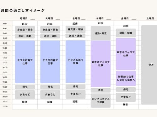 橋本さんの1週間の過ごし方。田村市にいる日はお子さんを保育園へ送ってから仕事へ
