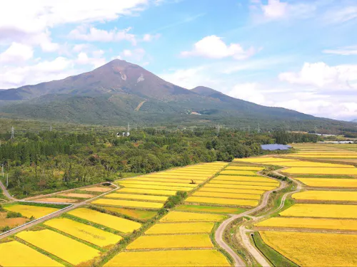 磐梯山と磐梯町の田んぼ風景。