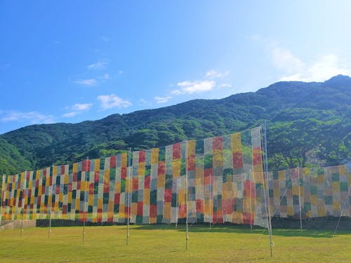 カラフルな漁網を編んで作るソラアミ(奈留)