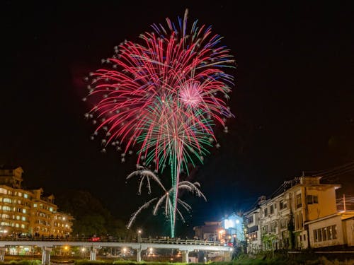 三朝温泉街では、春と夏に花火があがります!下から見る?横から見る?