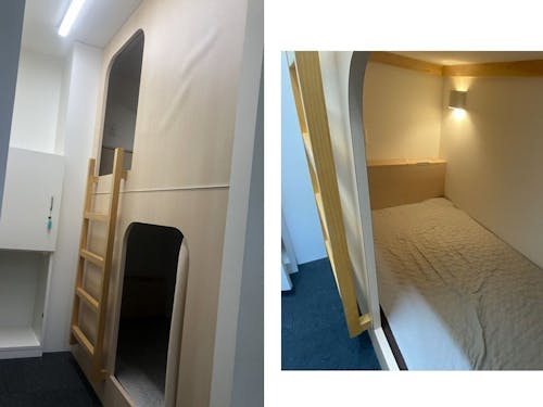 ドミトリー部分の写真(左写真:2段ベッド)(右写真:ベッド内)