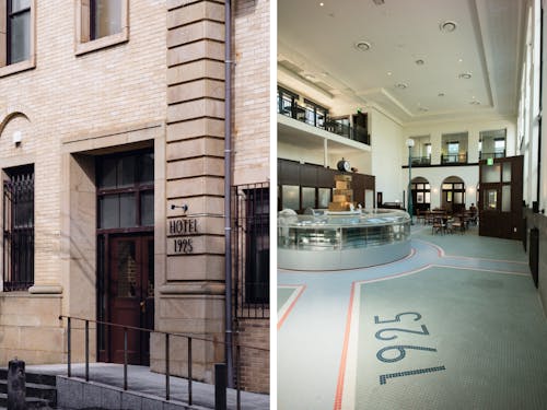 宿泊部屋6室に開放的なホールが併設、まちの記憶を遺す名建築ホテル。