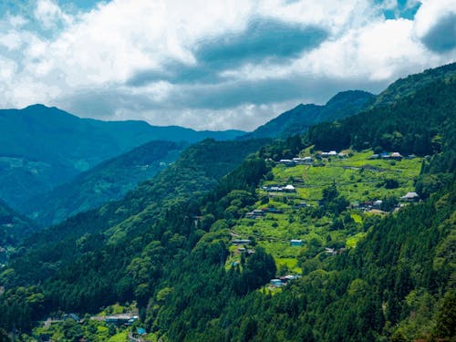 山肌を斜面地のまま切り開いて作られたこの地域特有の集落の風景。