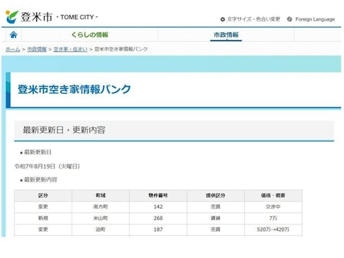 登米市空き家情報バンクページ