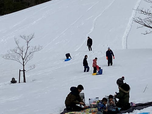 近くのキャンプ場『みどりと自然の村太陽広場』ではそり遊びが楽しめます