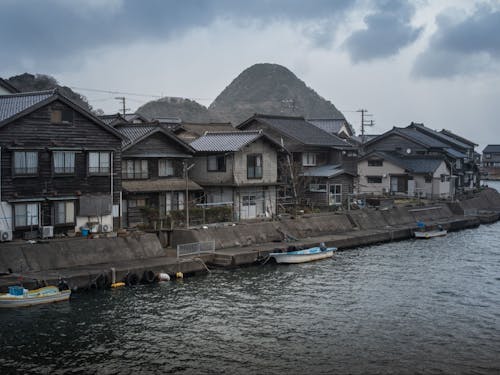 竹野川沿いに並ぶ焼板の家々