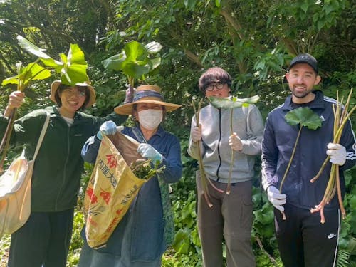 地域交流企画での「つわ」の収穫体験の様子。このあと皆で料理していただきました!