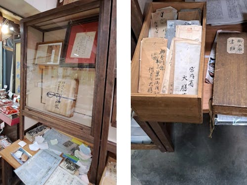 店内には明治天皇御衣や当時の注文書が残る