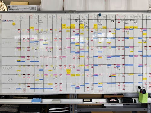 業務は月ごとにシフトを組み、ホワイトボードとマグネットで掲示する