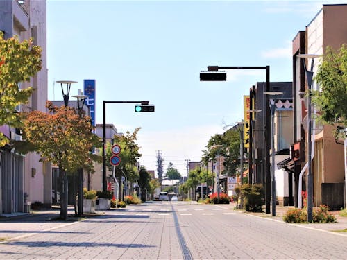 薄ピンク色の石畳に温かみを感じる中新田地区商店街の通り