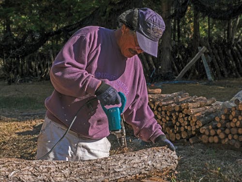 原木にしいたけの菌を植え付ける穴をあける様子
