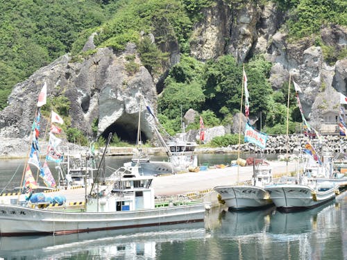 毎年7月20日「海の記念日行事」では大漁旗を飾った漁船が並び、神楽が奉納されます