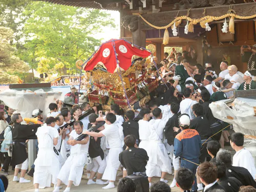 神輿を本殿へ納めようとする氏子や若衆が熱気の中でぶつかり合う「押し合い」も名物