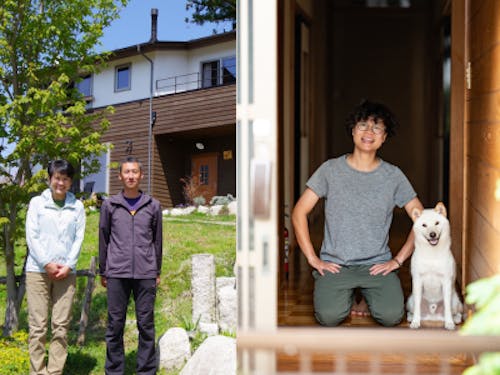 民宿山想の坂井さんご夫婦とれんさんのゲストハウスのれんさんと愛犬のそらくん