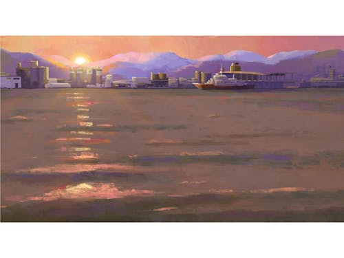 同じ場所を描いた絵。季節・時間によって大野町は全く違う表情を見せる。