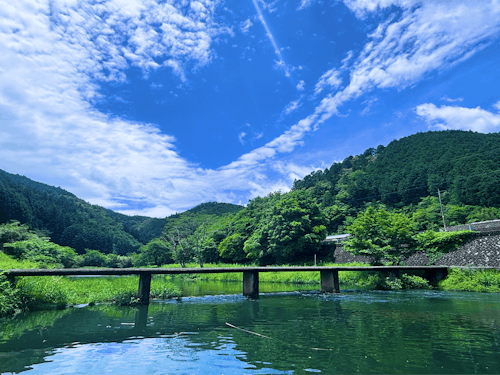 四万十川源流域で、沈下橋に座って一休み。
