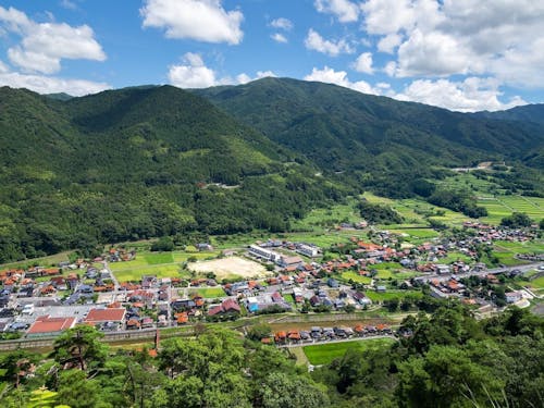 深い緑の⼭の⾕間に⾚い⽡の家並みが残る津和野町