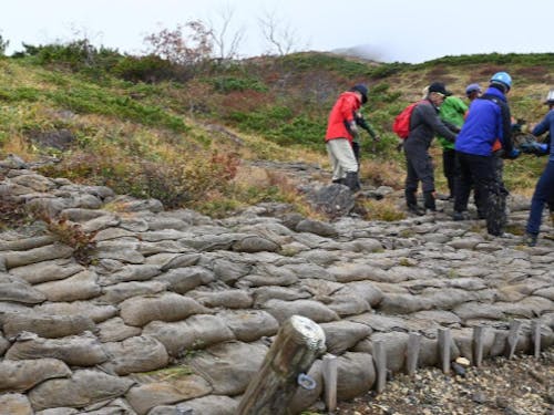 土嚢にして斜面に積み上げていきます