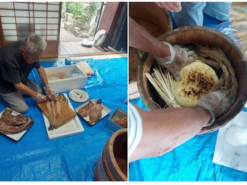ご飯~ナマズを数回繰り返し「おこげ」の付いたご飯で蓋した後、藁蓋と木蓋を乗せます