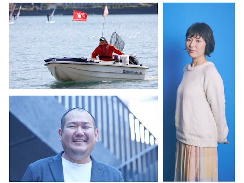 左上から櫻井さん・加形さん/右:カヤック 梶