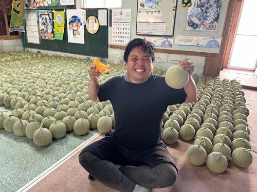 苫前町の特産品のメロンの収穫体験をした現役協力隊の田渕隊員。