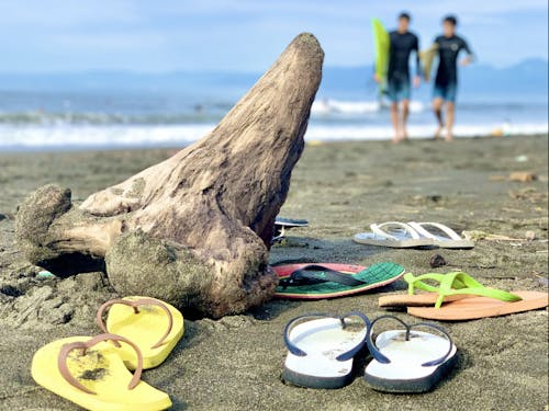 砂浜に置かれたビーサンたち