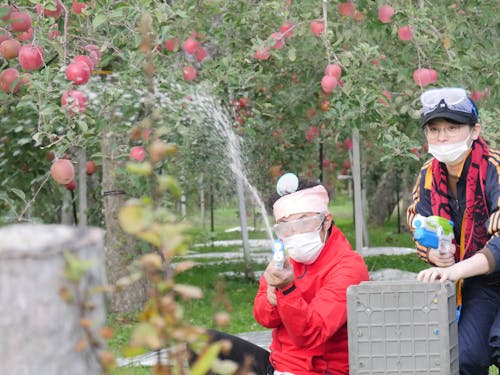 りんご畑で水鉄砲合戦