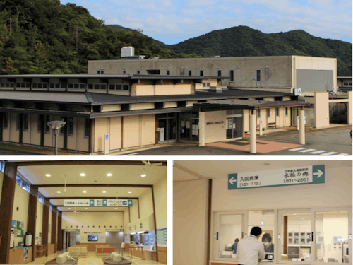 施設写真(上:外観、左下:ロビー、右下:ナースステーション)