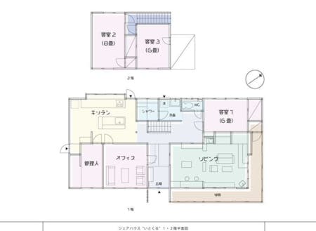 平面図。客室は1階に1部屋、2階に2部屋あります。