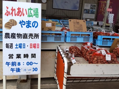 南砺市井波地域のさといもをはじめ売色々られている朝市の様子