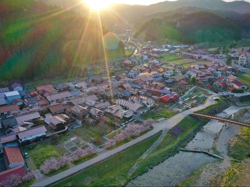 早朝、春のがいせん桜通りと村中心部。春は桜、夏は新緑、秋は紅葉、冬は雪景色と、四季豊かな景色がのぞめます。(ドローンでの撮影風景、提供:Ojiro Sky.)