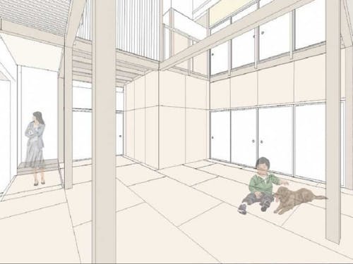 1階改修イメージ。吹き抜けで開放的な空間に。