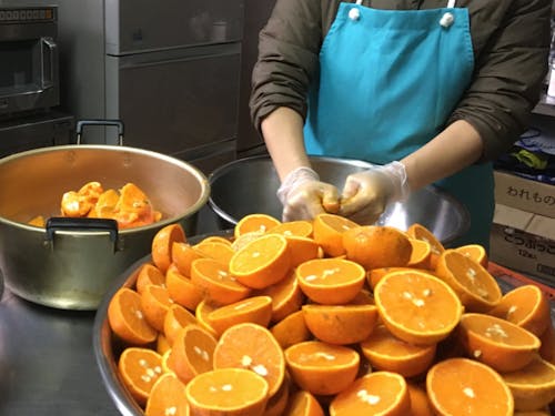 特産のタンカンでジュース作り