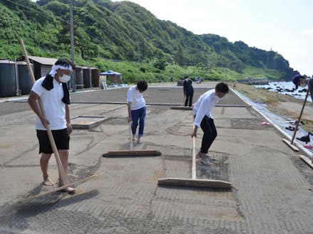 奥能登の伝統産業である揚げ浜式の塩づくりを体験する受講生たち