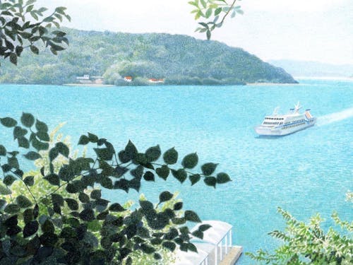 お店から見える小豆島 内海湾のイラスト