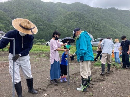 八鹿浅黄大豆にふれあう子供たち。
