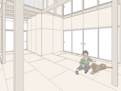 1階改修イメージ。吹き抜けで開放的な空間に。