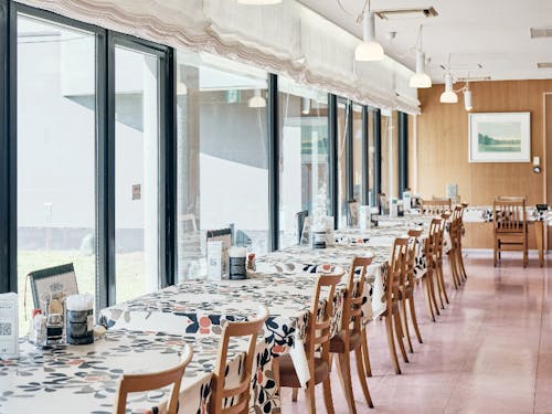 日が差し込むレストランは、森に面しており眺望も抜群