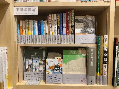 SEESAWBOOKSの本棚の下段に下川コーナーがあります。グレーの帯が目印。