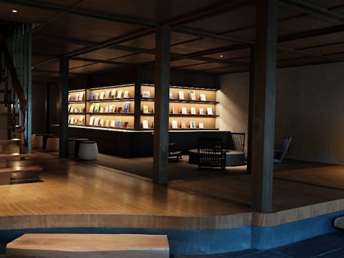 小林屋のロビーです。多様性のある”ことば“の本棚です。