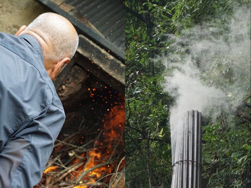 炭窯への火入れ・煙突の煙