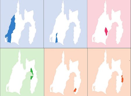参加市町位置図（上左：浜松市、上中：磐田市、上右：藤枝市、下左：沼津市、下中：松崎町、下右：伊東市）