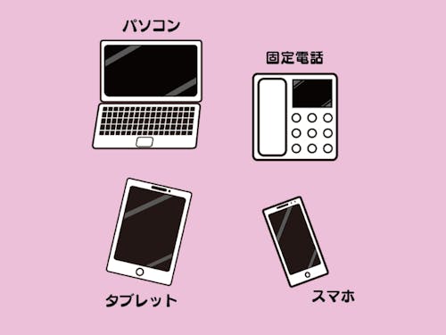 pc、タブレット、スマホ、ガラケー、固定電話なんでもOkです!