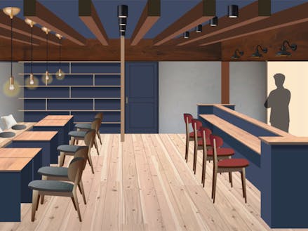 カフェスペースの改修案。コンセプト案はお客様に最高の「和」と「村」を提供する。