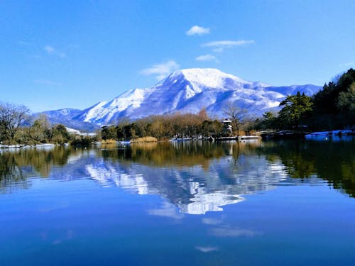 雪化粧した伊吹山と三島池にうつる逆さ伊吹