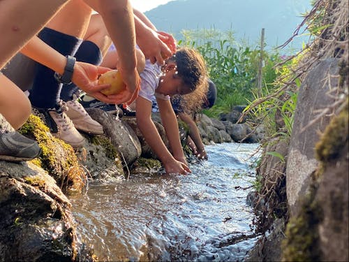 子どもたちでつくるガーデンで取れたジャガイモを谷水で洗っているところ