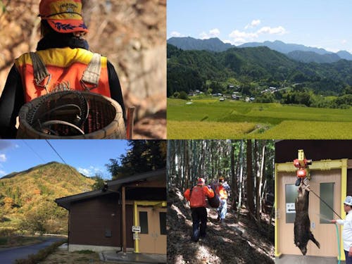 泰阜ジビエもみじやの外観、猟・捕獲等の様子、泰阜村の風景