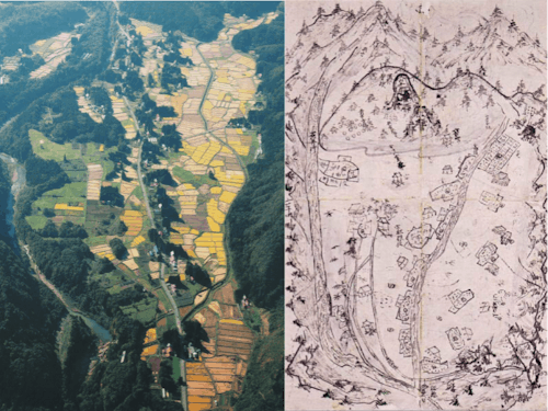 現在の本寺地区と国重要文化財「陸奥国骨寺村絵図」の骨寺村