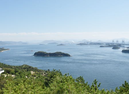 鷲羽山から眺めた瀬戸内海（真ん中に浮かぶ小さな島が松島です）