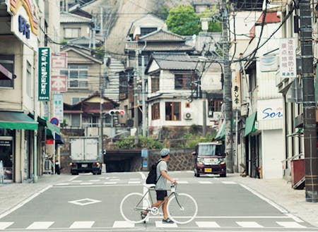 市街地。駅から続く商店街、線路の向こうに続く坂道。